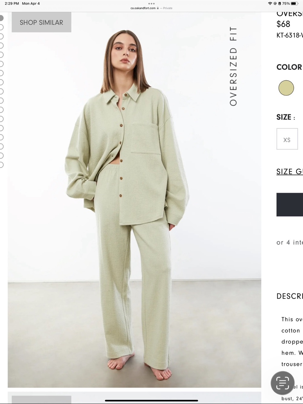 Oak & fort Button-Front Pants Set in Sage Green